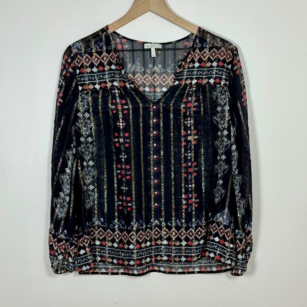 Joie Womens Silk Blouse Top Size S Sheer Black Metallic Gold Stripe Western Boho